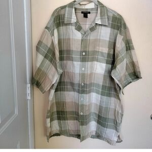 Godbody Linen Button Up Tan Olive Green Plaid Shirt XL Vacation Travel Weekend